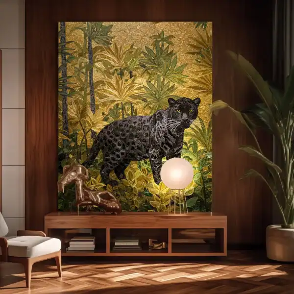 Mosaic wall mural featuring a black panther in a golden jungle background with green foliage, crafted from glass mosaic tiles.