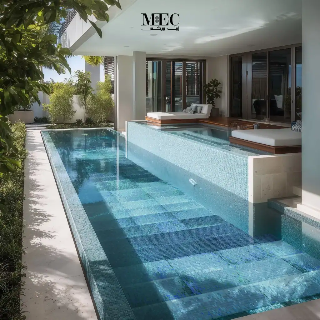 Gradient blue mosaic pool tile in contemporary layout - MEC Artworks