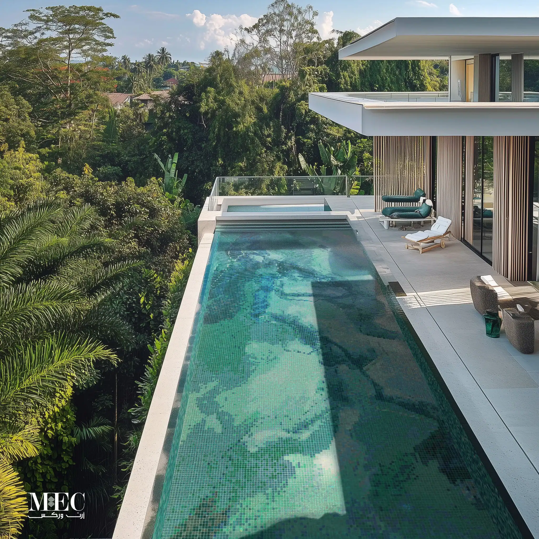A modern rectangular infinity pool finished with an abstract green mosaic tile pattern in varying shades of emerald, jade, and teal, creating a natural water reflection effect.