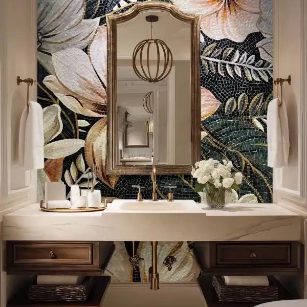 Ivory & Blush Floral Mosaic Wall Art Bathroom wall mosaic mural with large floral patterns in soft ivory, blush, and gold tones against a dark background, made from glass mosaic tiles.