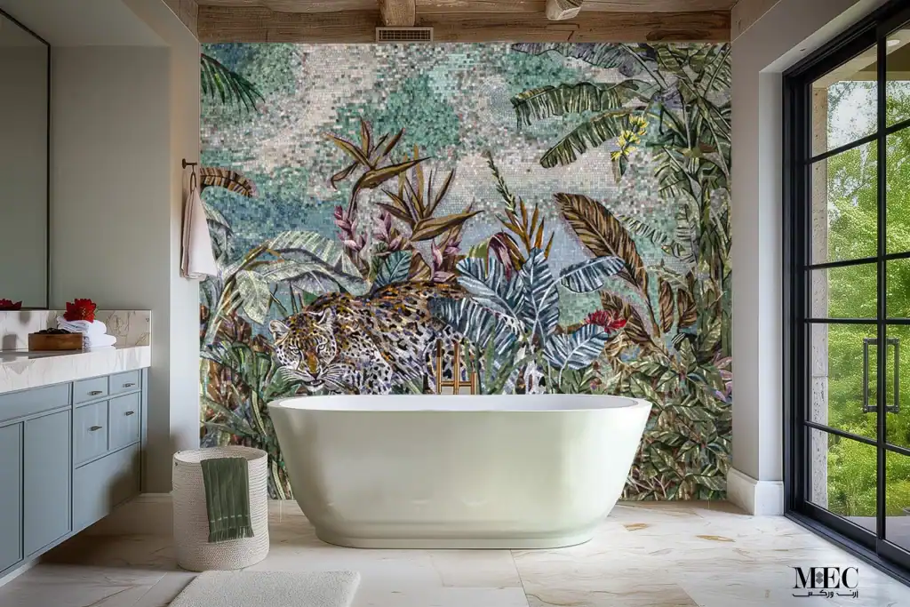 Bathroom wall mosaic mural depicting a leopard surrounded by tropical leaves and plants, designed with multicolored glass mosaic tiles.