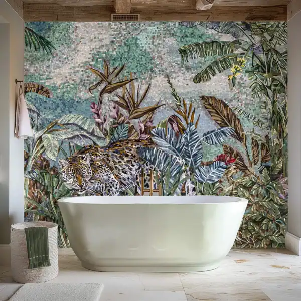 Leopard and Tropical Leaves Mosaic Wall Art Bathroom wall mosaic mural depicting a leopard surrounded by tropical leaves and plants, designed with multicolored glass mosaic tiles.