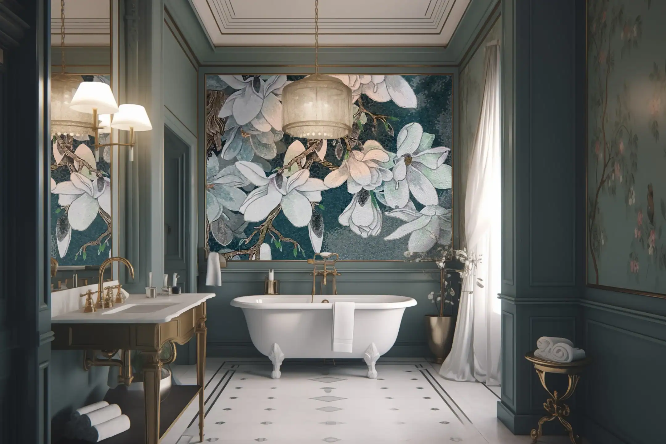 Mosaic wall mural depicting magnolia blossoms in white and soft gray tones with brown branches against a rich teal background, installed above a freestanding bathtub.