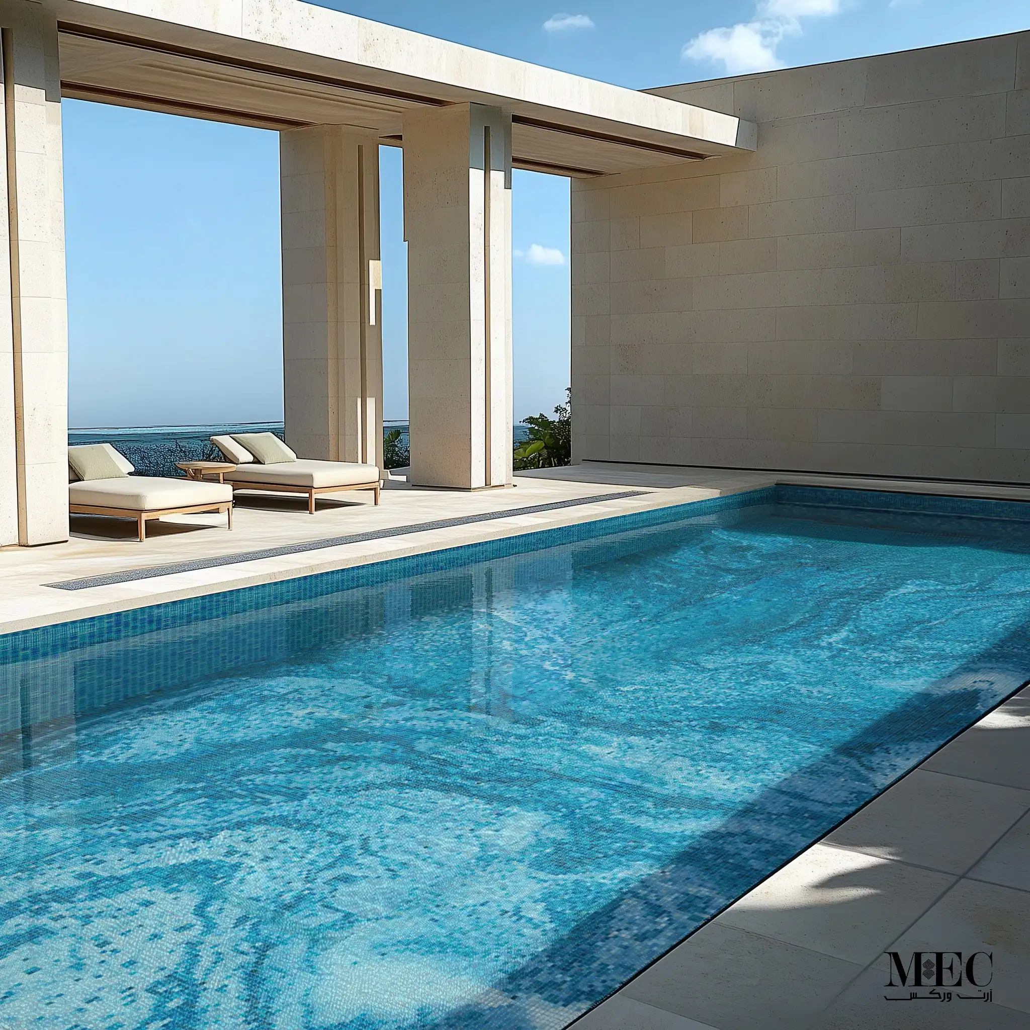 Luxury swimming pool with blue mosaic tile design, ocean-inspired pattern, and modern architectural layout with lounge chairs.