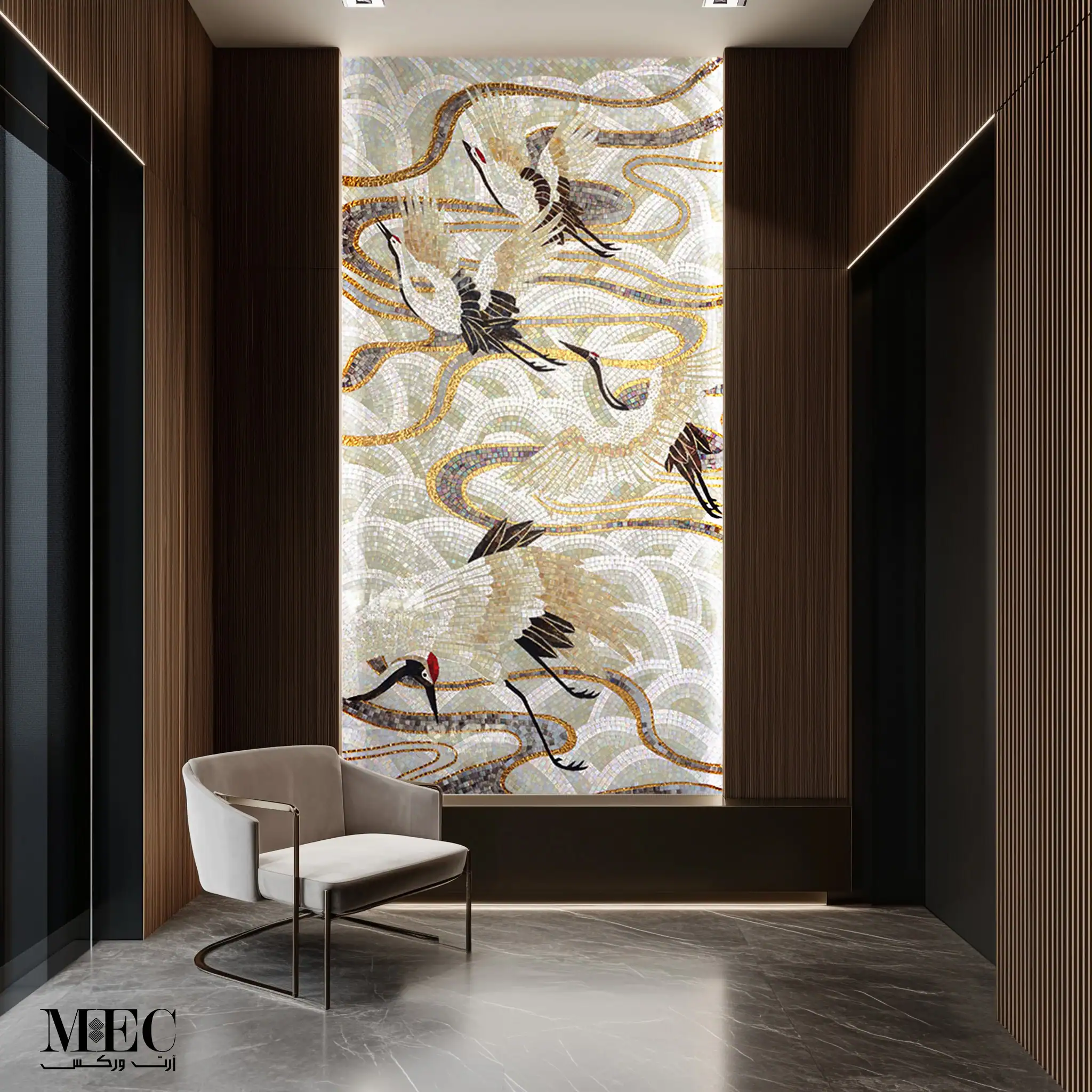 Mosaic wall mural depicting flying cranes with black, white, and gold detailing, surrounded by flowing wave-like patterns on a luminous background, installed in a tall feature wall.