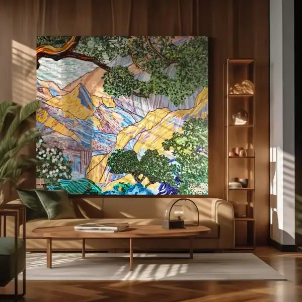 Mosaic mural featuring golden mountain peaks, lush green trees, and layered textures in shades of blue, yellow, and earthy tones, displayed as a nature-inspired wall art piece.