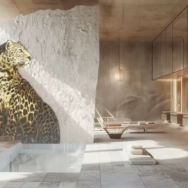 Large mosaic wall mural depicting a golden leopard sitting upright against a textured stone background in a spa-like interior.