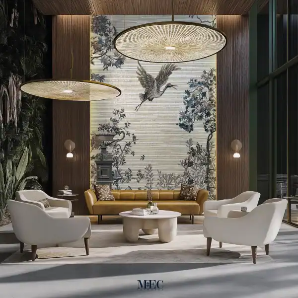 Mosaic wall mural depicting a crane in flight with detailed trees and foliage, set as a large decorative art piece in a modern lounge interior with seating and pendant lighting.