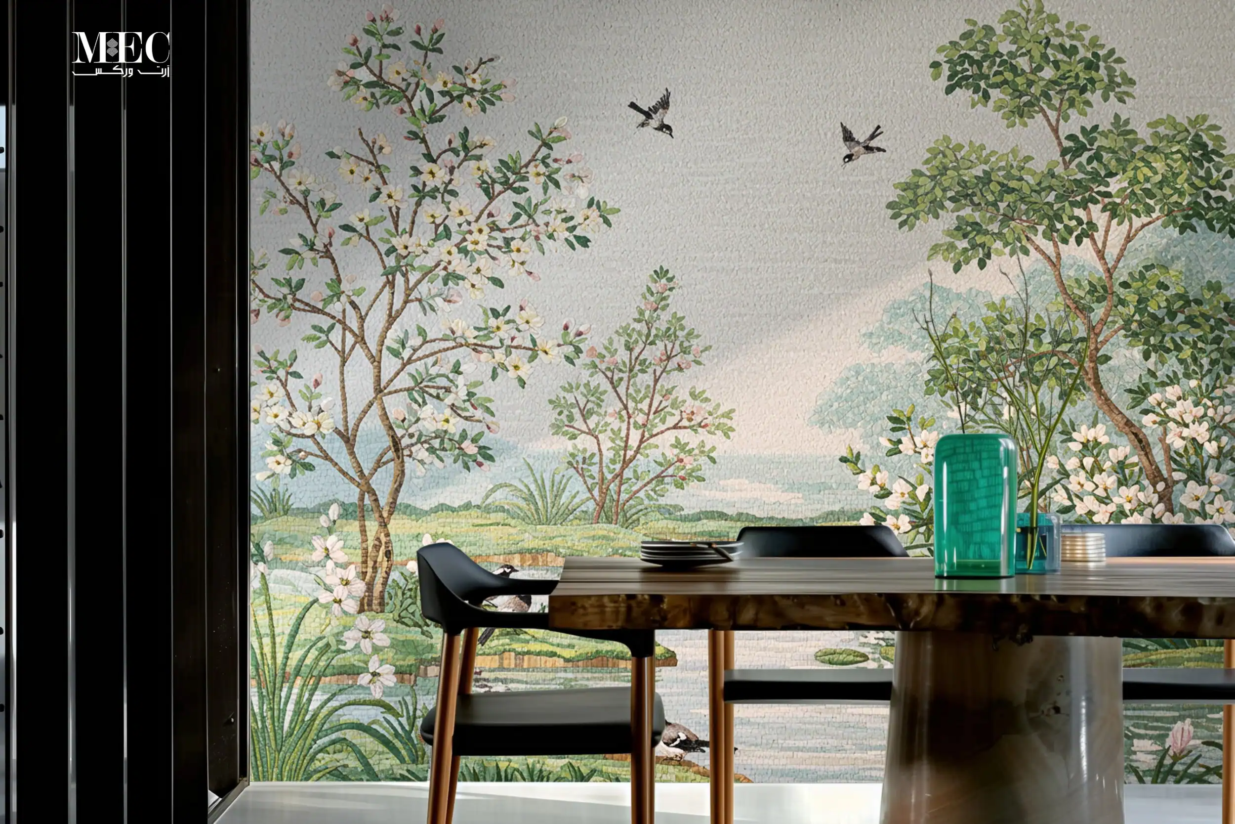 Wall mosaic mural depicting a natural landscape with blossoming trees, green foliage, flying birds, and a serene meadow, crafted with glass mosaic tiles.