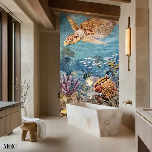 Sea Turtle and Coral Reef Mosaic Wall Mosaic wall mural depicting a sea turtle swimming above colorful coral reefs and schools of fish in a detailed underwater scene, installed in a bathroom interior.