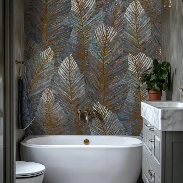 Mosaic portrait for bathroom, modern abstract face art, custom wall art by MEC, cubist design, handcrafted mosaic.