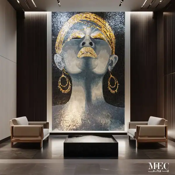 Large bespoke mosaic mural of an elegant upward-facing portrait in black, silver, and gold tones, with shimmering details and textured layout, created by MEC.