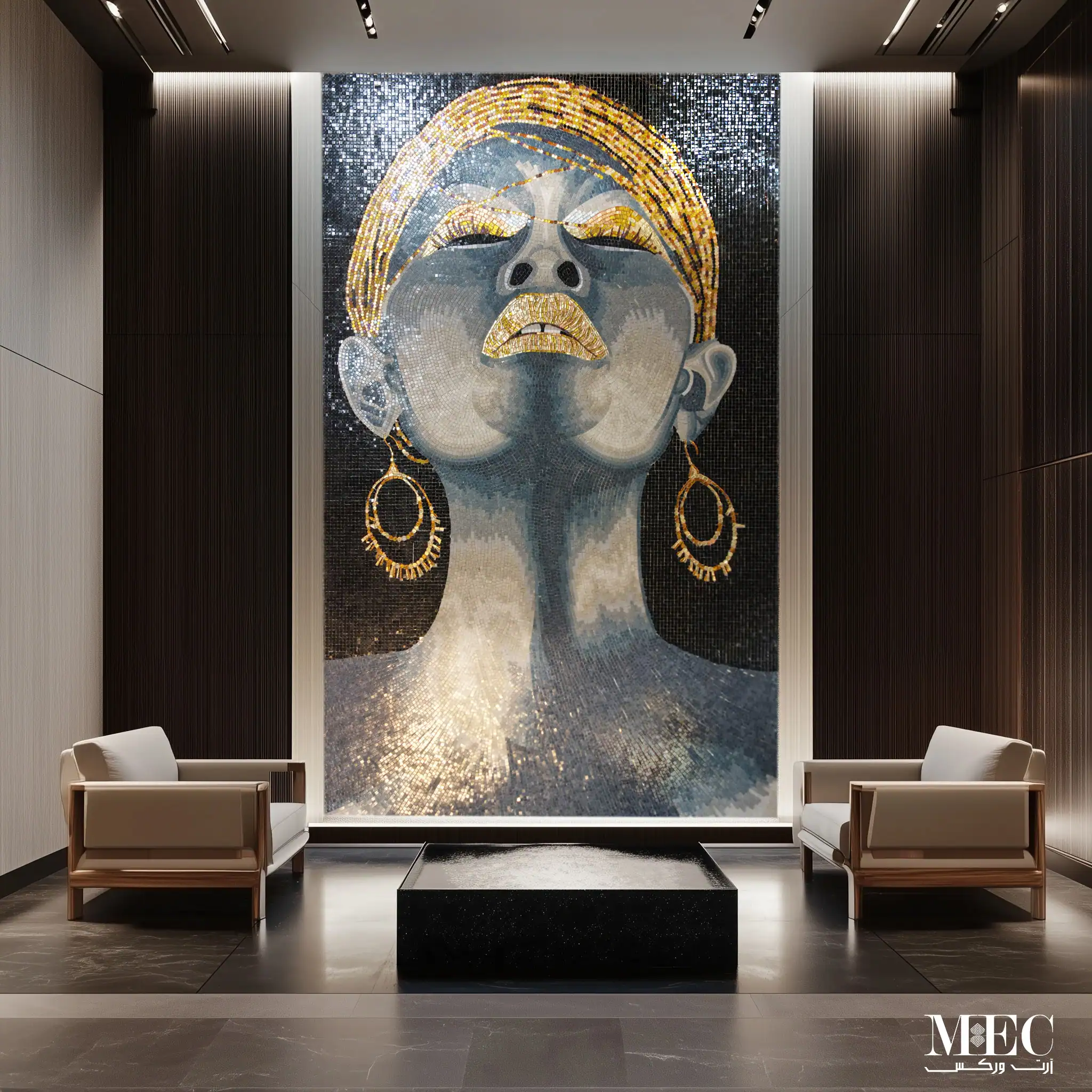 Large bespoke mosaic mural of an elegant upward-facing portrait in black, silver, and gold tones, with shimmering details and textured layout, created by MEC.