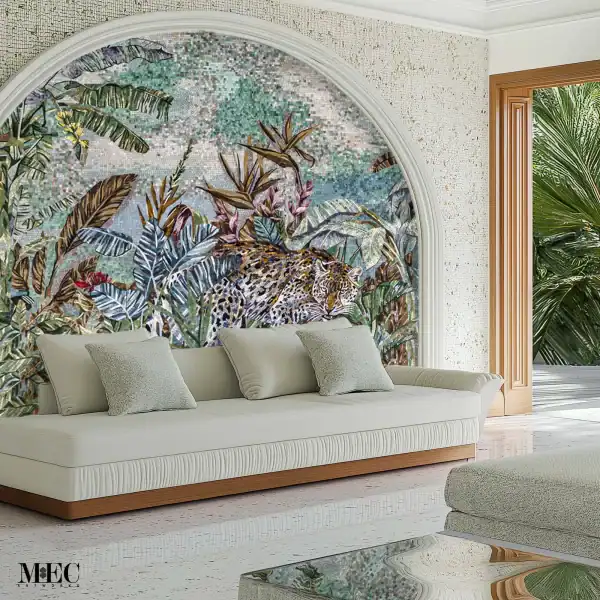 Wall mosaic artwork depicting a leopard resting gracefully within lush tropical plants and layered greenery under a soft sky backdrop.