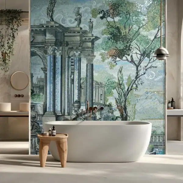 Mosaic wall mural depicting classical architecture with tall columns, statues, and surrounding trees in soft blue, green, and earthy tones, installed behind a bathtub.