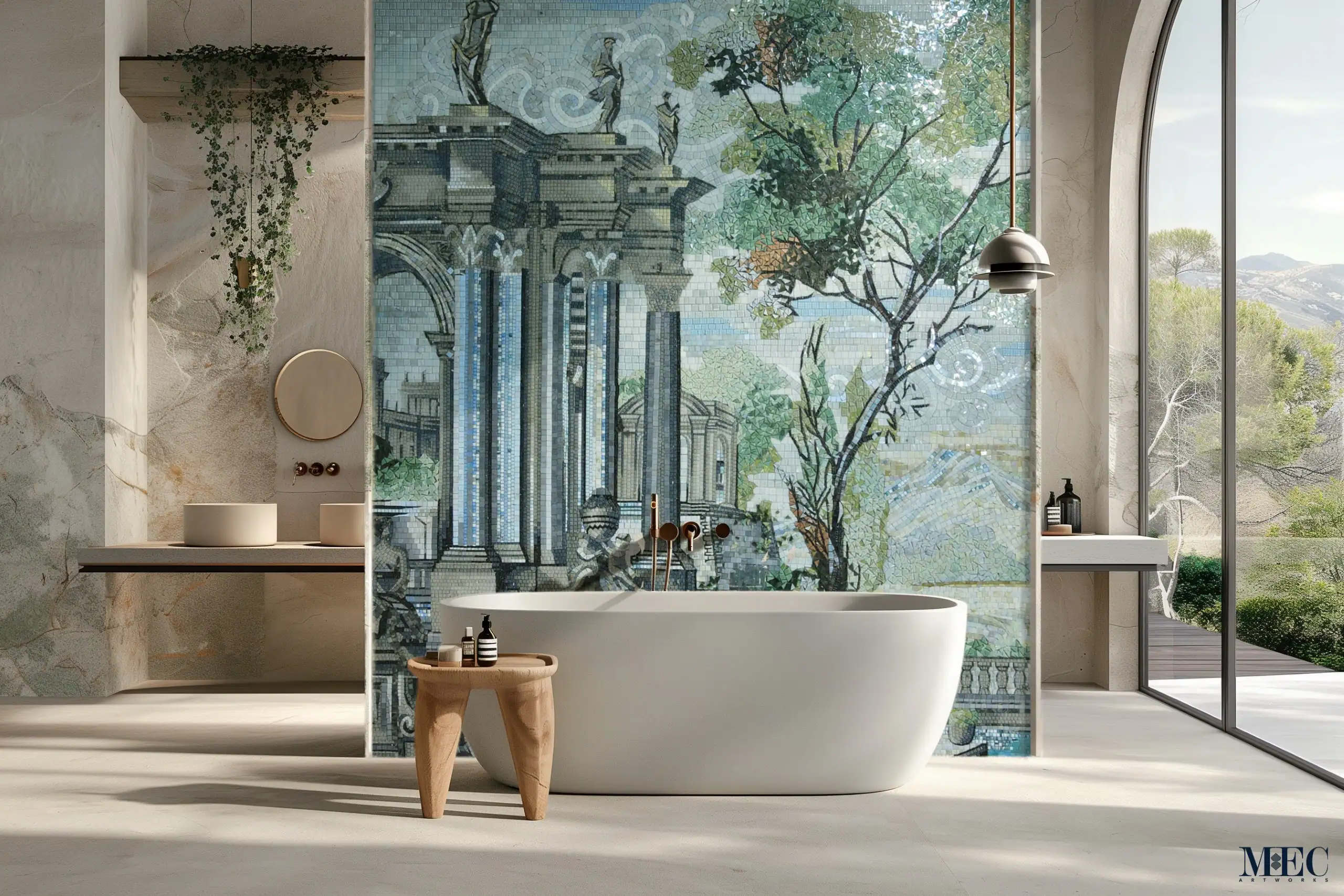 Mosaic wall mural depicting classical architecture with tall columns, statues, and surrounding trees in soft blue, green, and earthy tones, installed behind a bathtub.