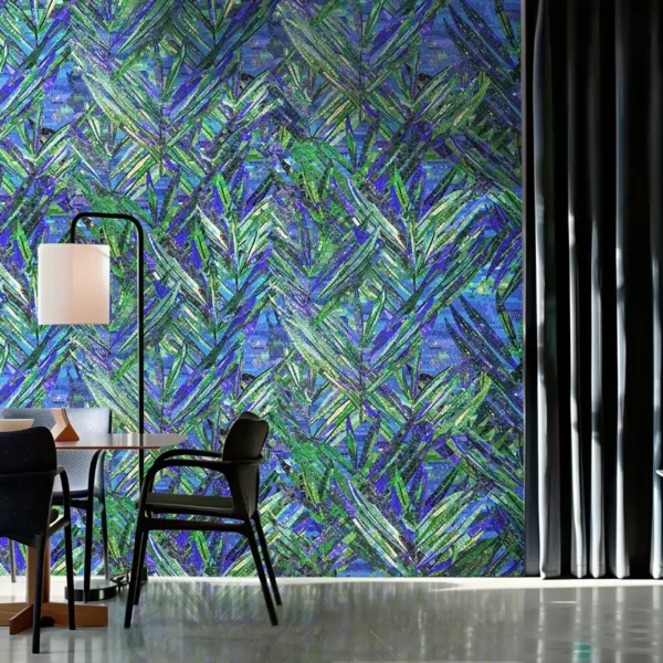 Mosaic wall with layered green and blue leaf patterns, combining abstract lines and textured tiles, creating a vibrant botanical-inspired design.
