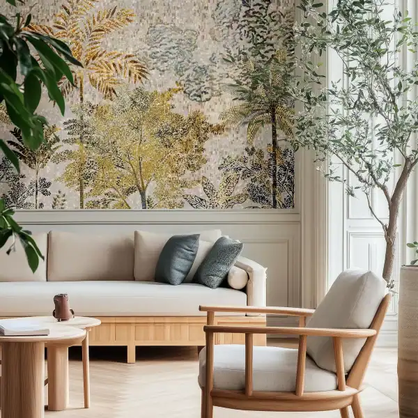 Mosaic wall mural featuring golden palm trees, tropical foliage, and layered greenery on a textured neutral background, displayed as a decorative feature wall in a living room interior.