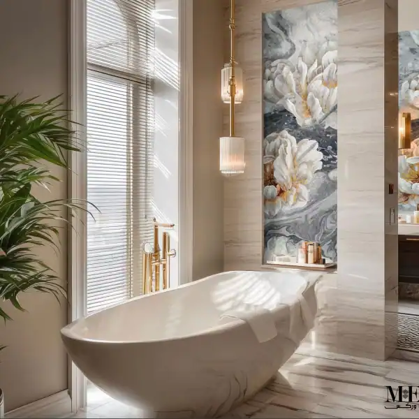 Bathroom wall mosaic mural featuring white and gold floral designs on a swirling gray and blue background, crafted from glass mosaic tiles.
