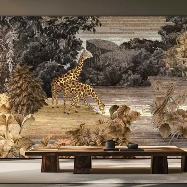 Mosaic wall mural depicting two giraffes drinking water, surrounded by trees, foliage, and wildlife in earthy brown and green tones.