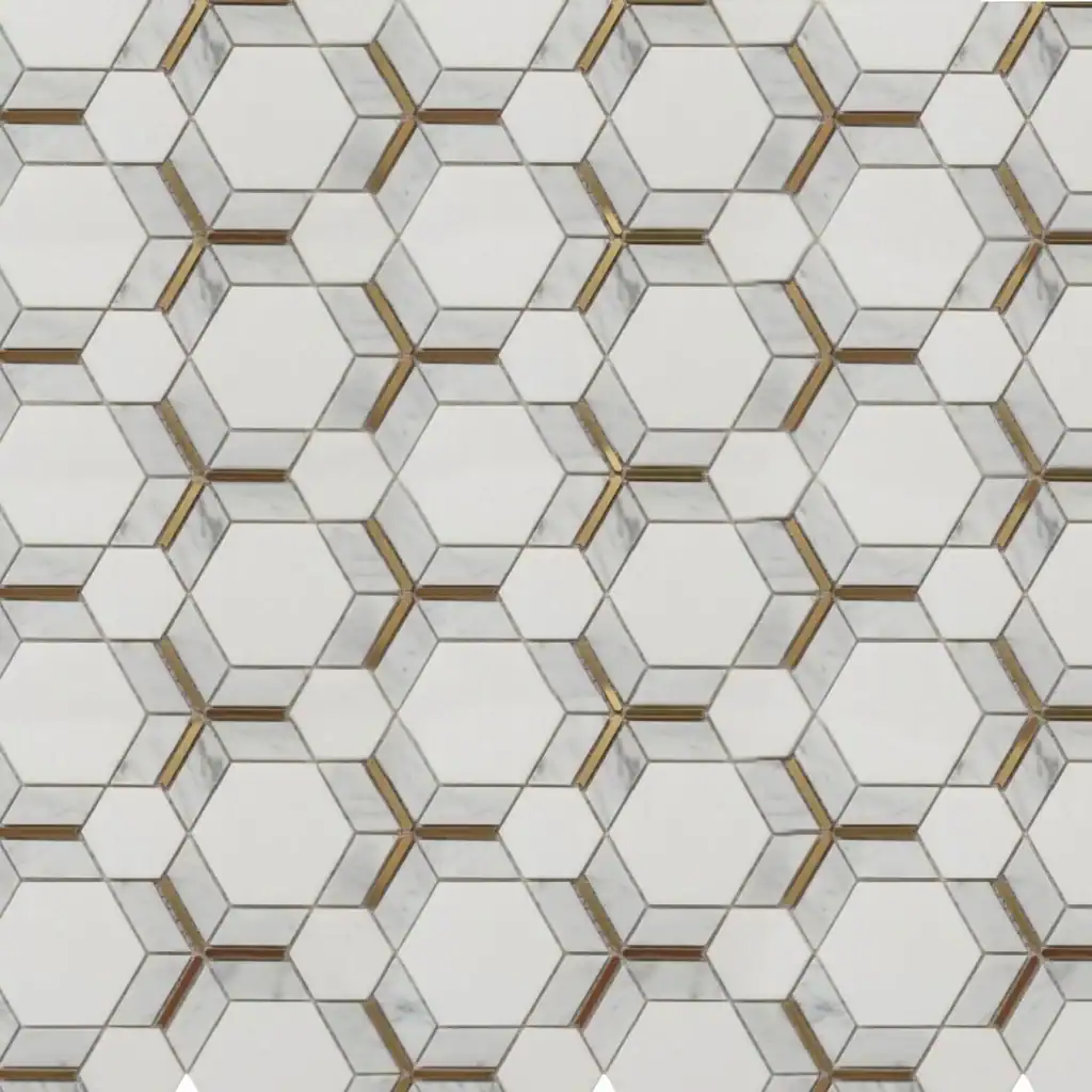 “Hexagonal prism marble mosaic tile art with white marble, subtle grey veining, and golden inlay accents, creating a 3D geometric illusion.
