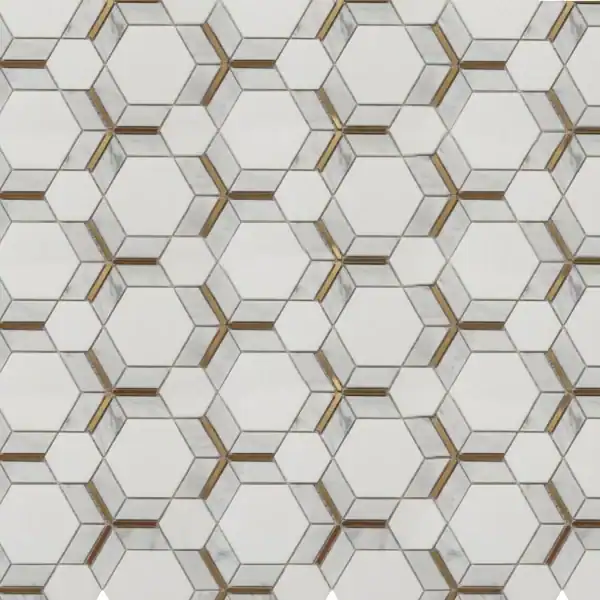 “Hexagonal prism marble mosaic tile with white marble, subtle grey veining, and golden inlay accents, creating a 3D geometric illusion for luxury walls and floors.