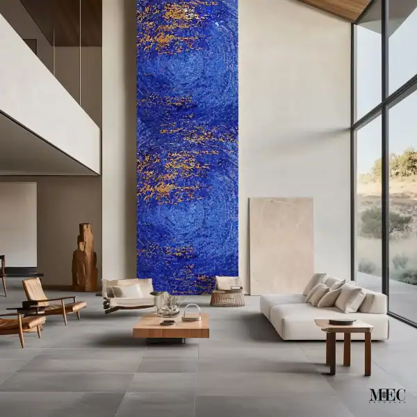 abstract wall mosaic mural featuring deep blue glass tiles with golden ripple accents, designed as a statement art panel for modern interiors.