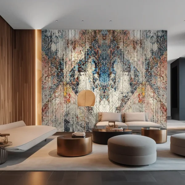 Abstract wall mosaic mural with symmetrical patterns in blue, ivory, blush, and earthy tones, crafted from glass mosaic tiles for modern interiors.