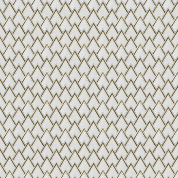 Alpine Crest Marble Mosaic Chevron pattern white marble mosaic with interlocking V-shapes outlined in gold, creating a sophisticated geometric design.
