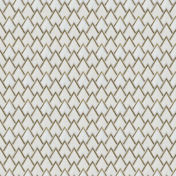 Chevron pattern white marble mosaic with interlocking V-shapes outlined in gold, creating a sophisticated geometric design.