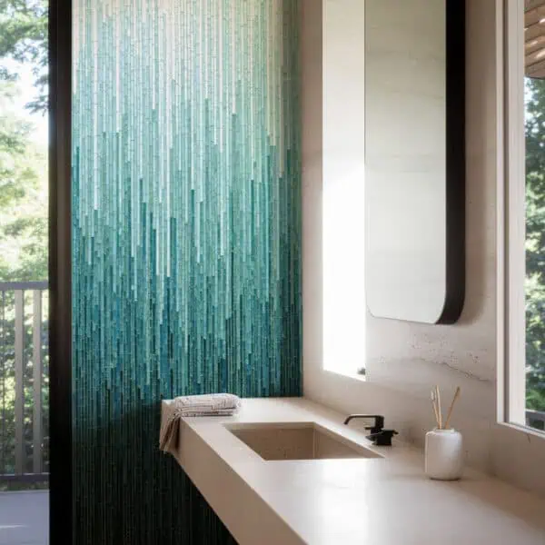 Aqua Cascade Glass Mosaic Tile Wall Modern bathroom with a vertical glass mosaic feature wall in gradient blue and teal tones, creating a cascading water effect beside a beige floating vanity.