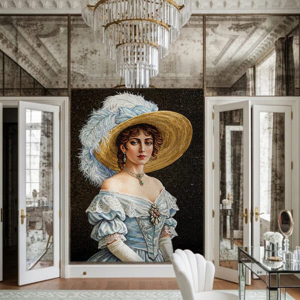 Handcrafted mosaic portrait of an aristocratic lady in a blue period gown with a wide-brimmed hat, set as a luxury wall mural.