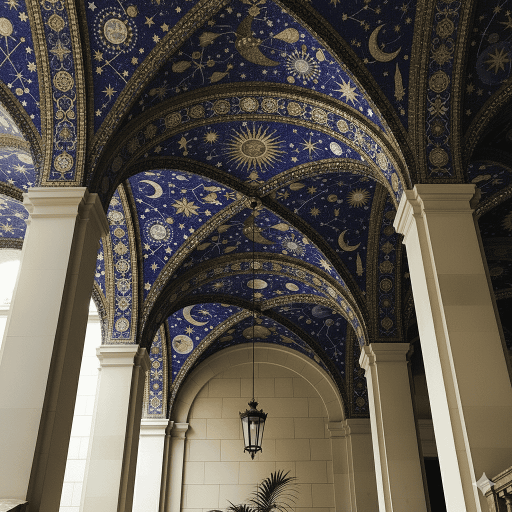 Majestic vaulted ceiling with a celestial mosaic design featuring golden suns, moons, stars, and constellations on a deep blue background.
