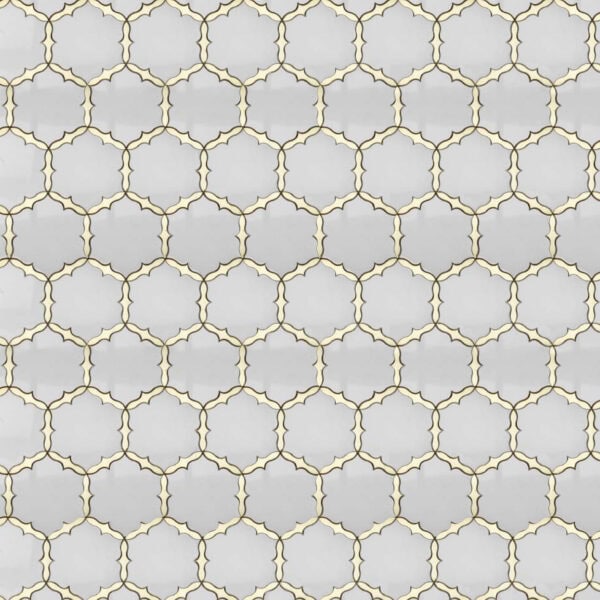 White marble mosaic featuring interlocking arabesque shapes outlined in gold, creating an elegant and timeless geometric pattern.