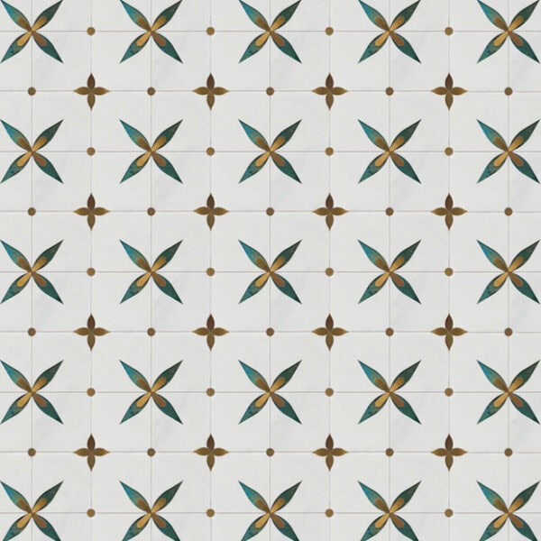 “White marble mosaic featuring blue-green floral petal motifs with golden accents, arranged in a geometric pattern for a fresh and elegant look.