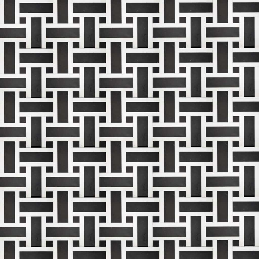 Black and white marble mosaic featuring an interlocking basketweave pattern that creates a textured and elegant geometric design.