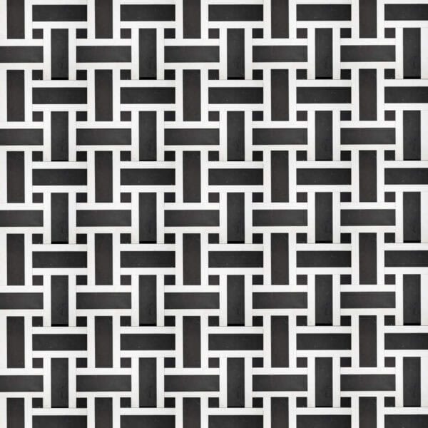 Basket Weave Marble Mosaic Tile Black and white marble mosaic featuring an interlocking basketweave pattern that creates a textured and elegant geometric design.