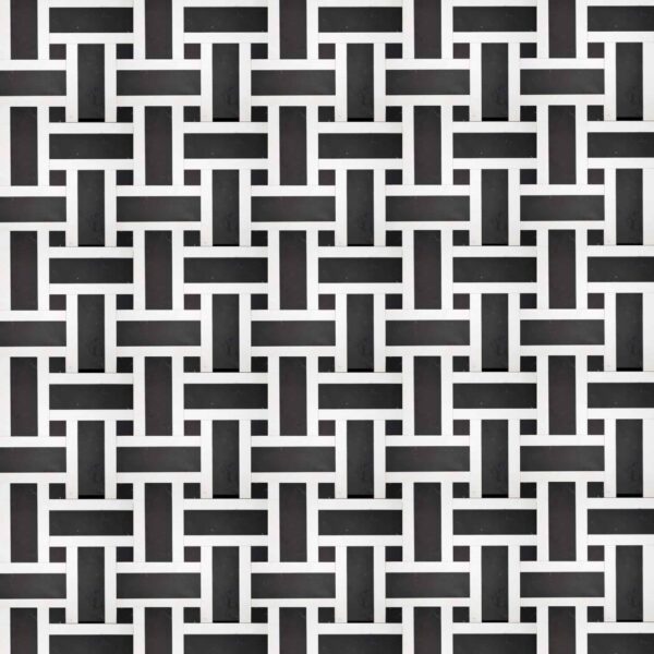 Black and white marble mosaic featuring an interlocking basketweave pattern that creates a textured and elegant geometric design.