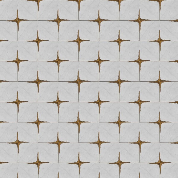 White marble mosaic featuring square tiles with golden star-shaped intersections, creating a refined geometric pattern with a luxurious touch.