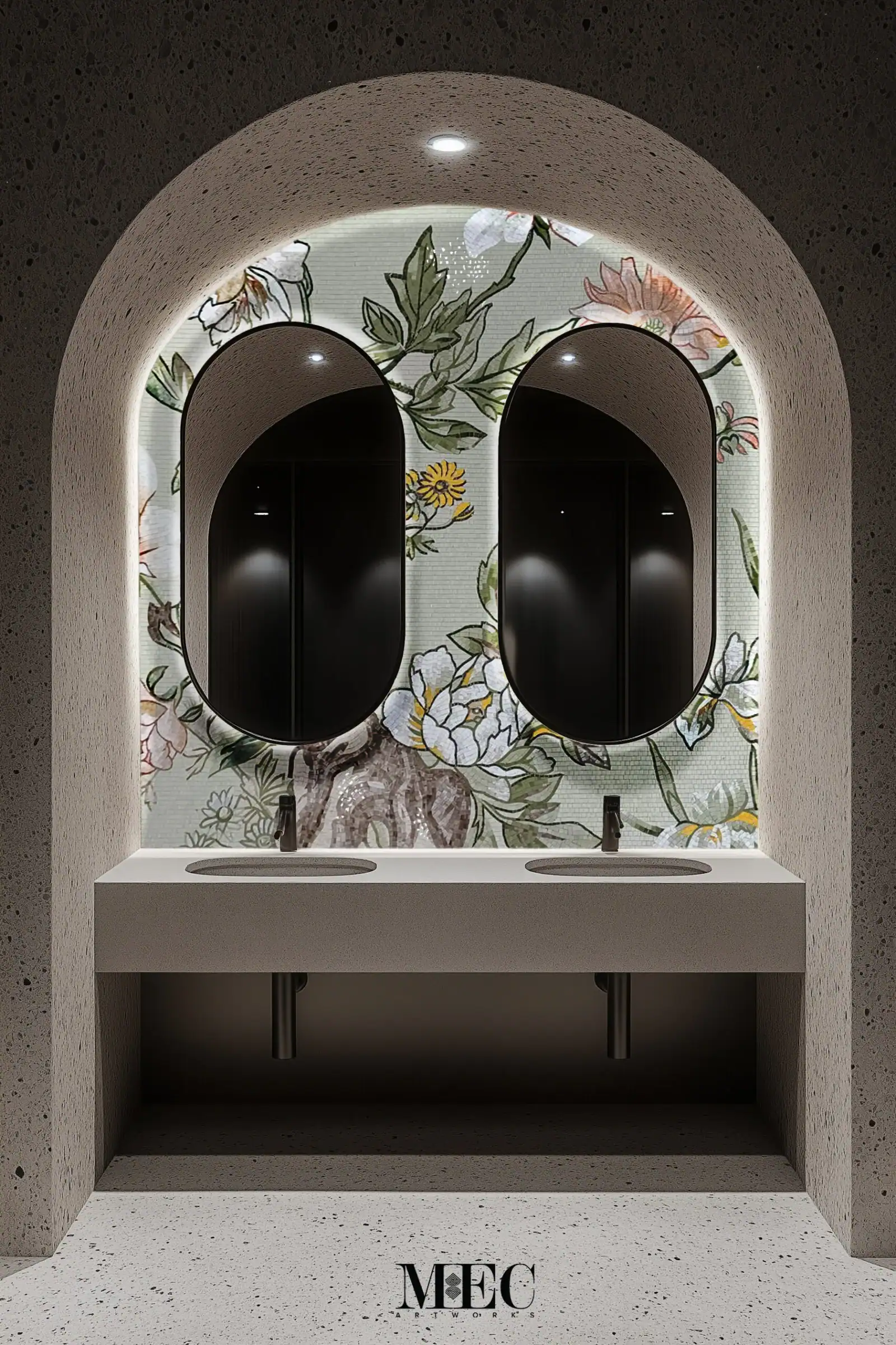 Bathroom mosaic mural with hand-cut glass tiles in floral patterns, featuring soft greens, whites, yellows, and peach tones, designed for vanity backsplash walls.