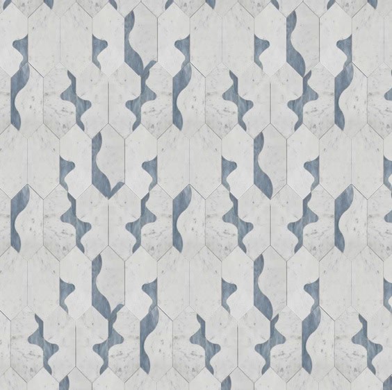 Elegant marble mosaic tile featuring a wavy blue and gray pattern that creates a fluid, rippling effect, evoking the natural movement of water.