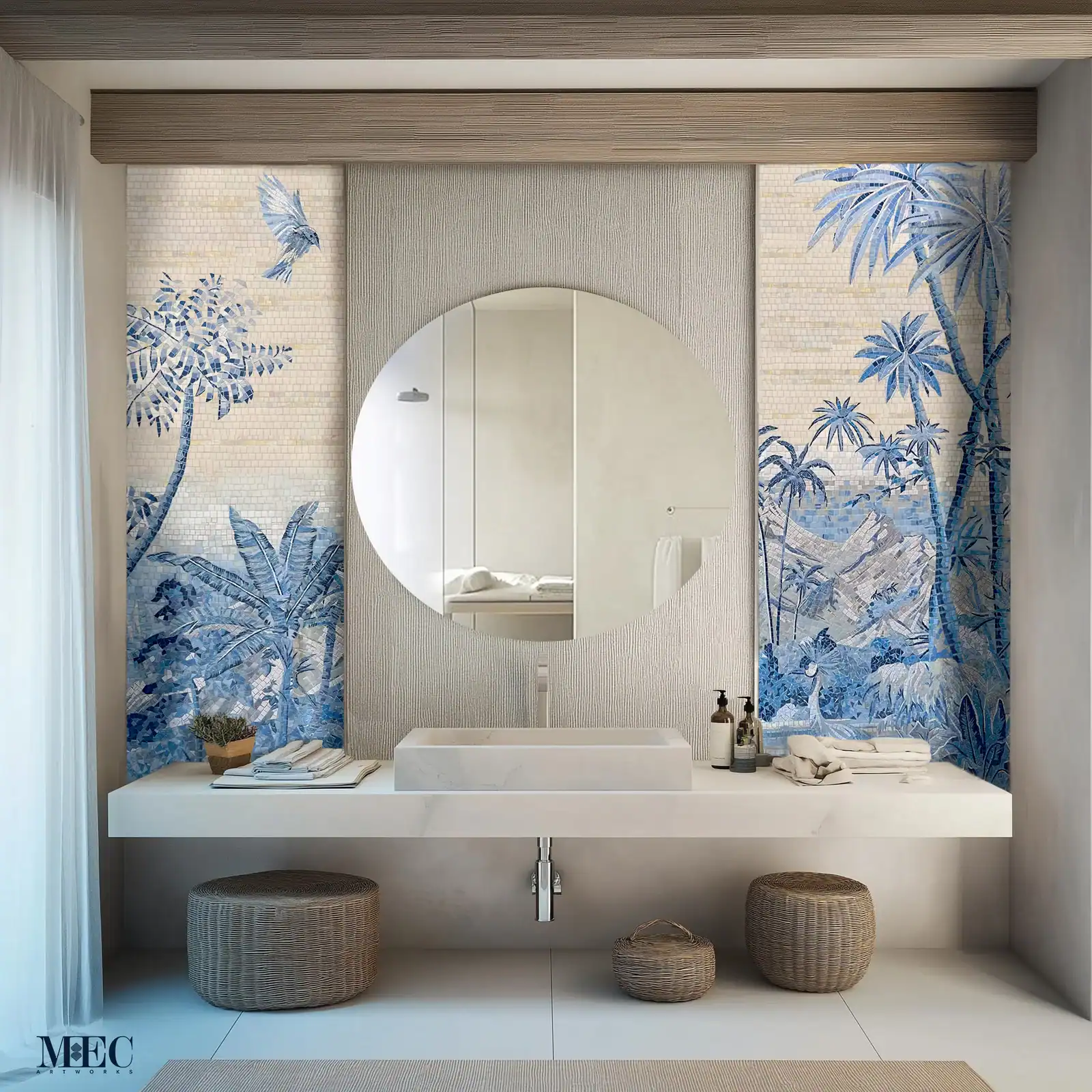 Blue and white tropical mosaic mural featuring palm trees, mountains, and a flying bird, designed for bathroom walls with a serene coastal aesthetic.
