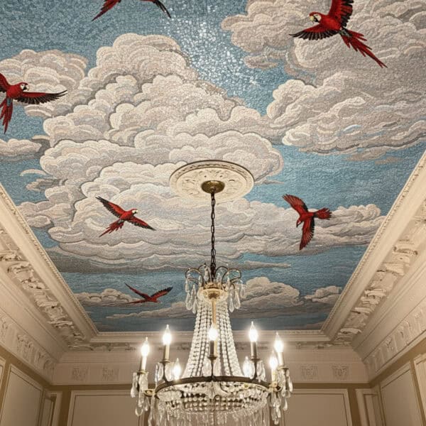Elegant ceiling mosaic featuring red parrots flying through soft white clouds on a blue sky background, framed by ornate molding and illuminated by a crystal chandelier.
