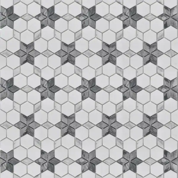 marble mosaic tile featuring interlocking grey star patterns within white hexagonal tiles, creating a modern and elegant geometric design.