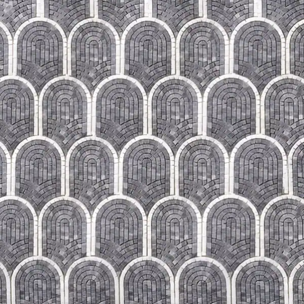 Art Deco arch mosaic tile featuring layered grey and white marble arches arranged in a symmetrical pattern for a luxurious and architectural design.