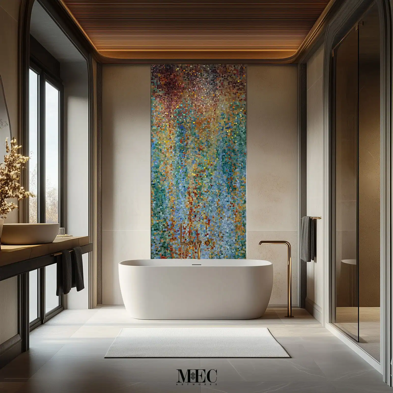 Abstract multicolor mosaic mural with cascading gradient design in red, blue, gold, and green tones, creating a vibrant artistic wall feature.
