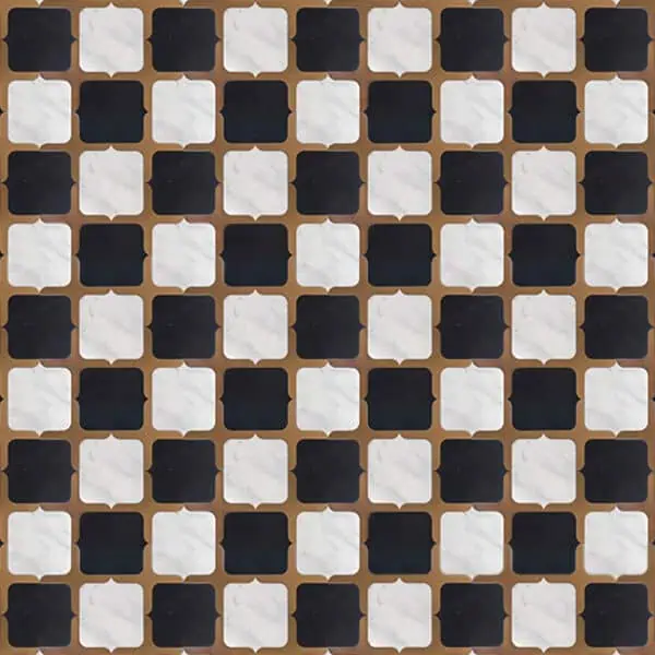 Marble mosaic tile featuring alternating black and white squares framed with bronze accents, forming a refined checkerboard pattern with soft geometric curves.