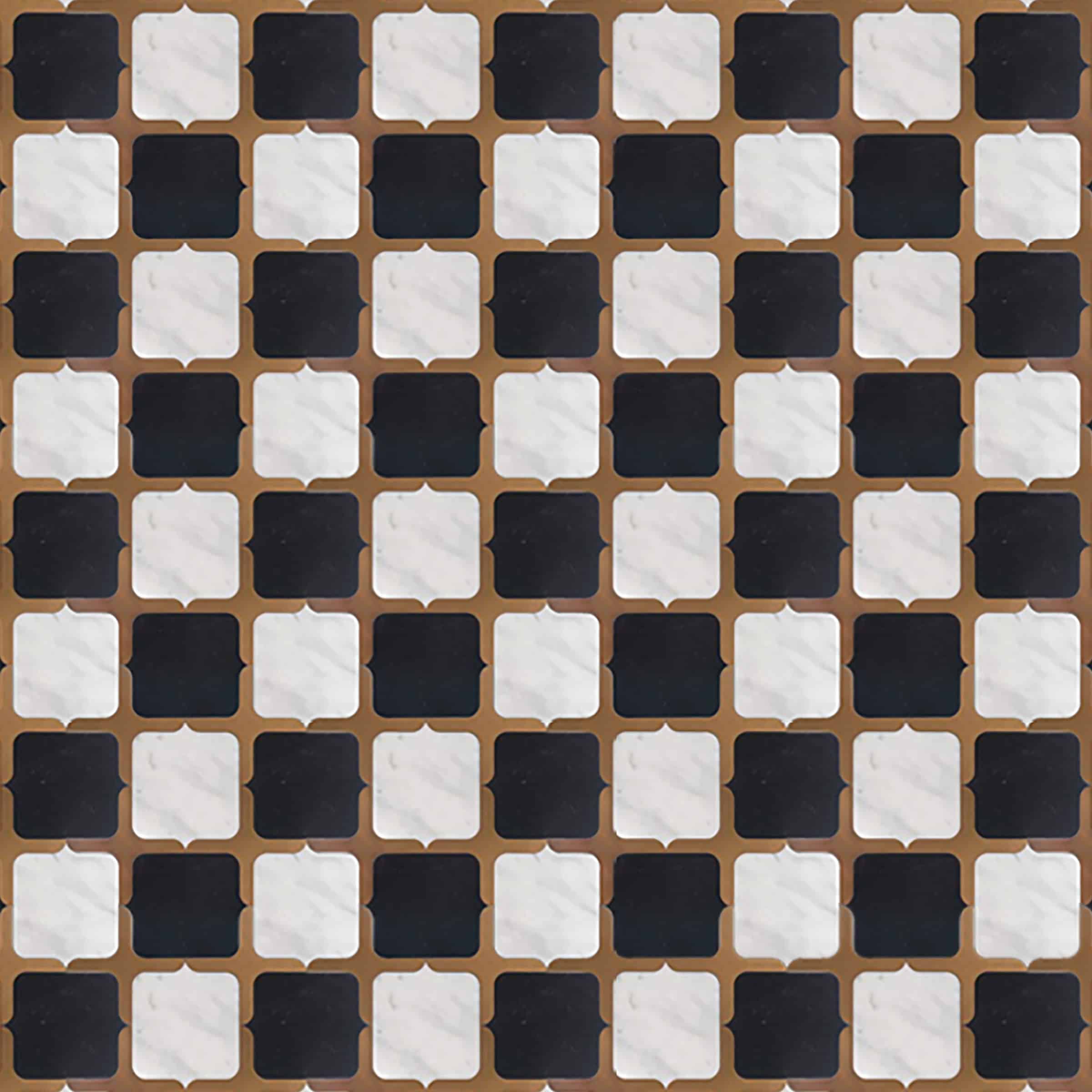 Marble mosaic tile featuring alternating black and white squares framed with bronze accents, forming a refined checkerboard pattern with soft geometric curves.