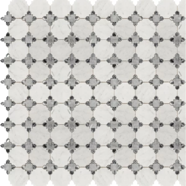 Minimalist circle marble mosaic tile featuring interlinked circular and diamond motifs in white and grey marble for a refined and elegant geometric design.