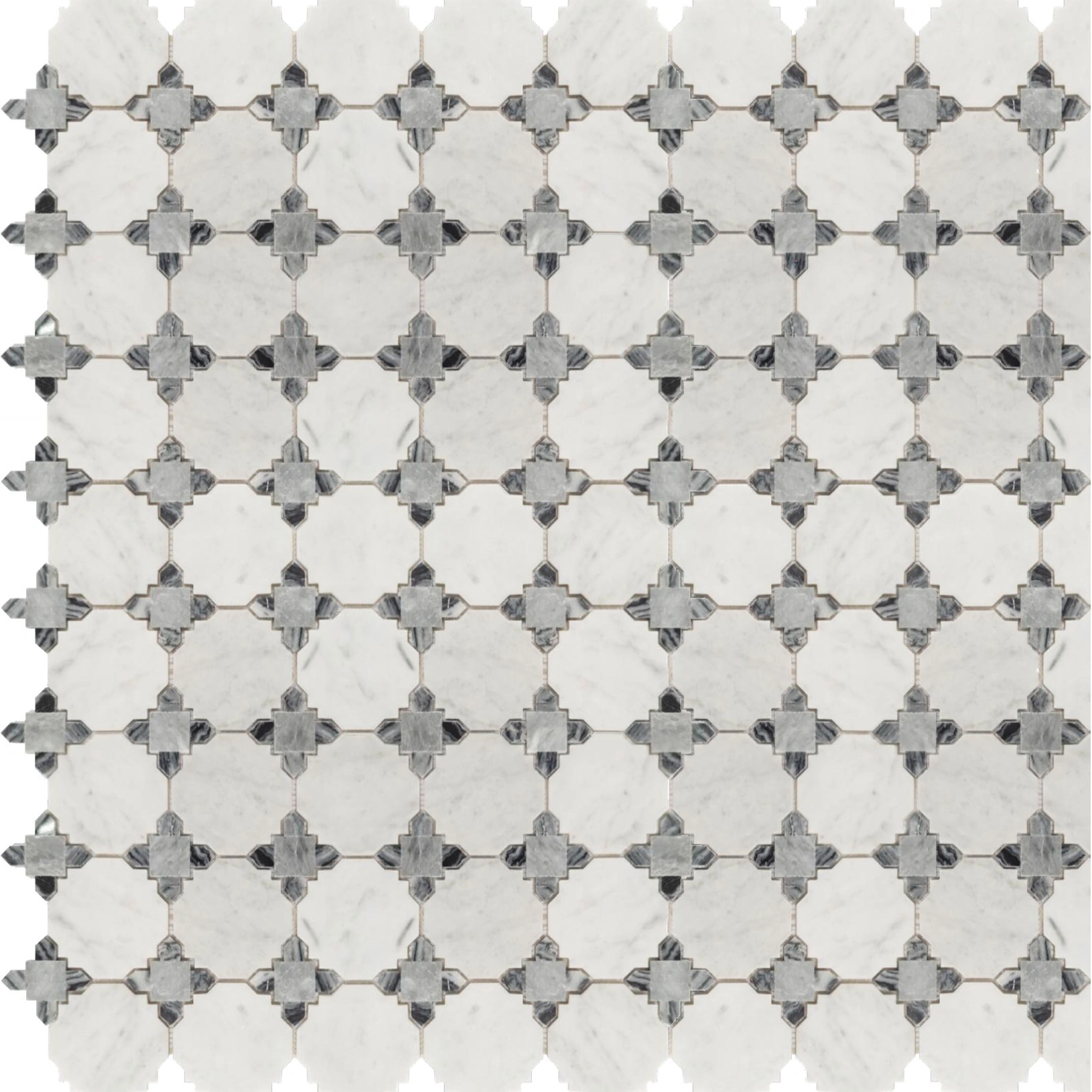 Minimalist circle marble mosaic tile featuring interlinked circular and diamond motifs in white and grey marble for a refined and elegant geometric design.